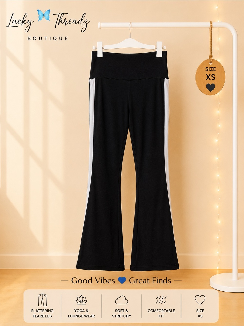 Black With White Side Strip Flare Yoga Pants XS